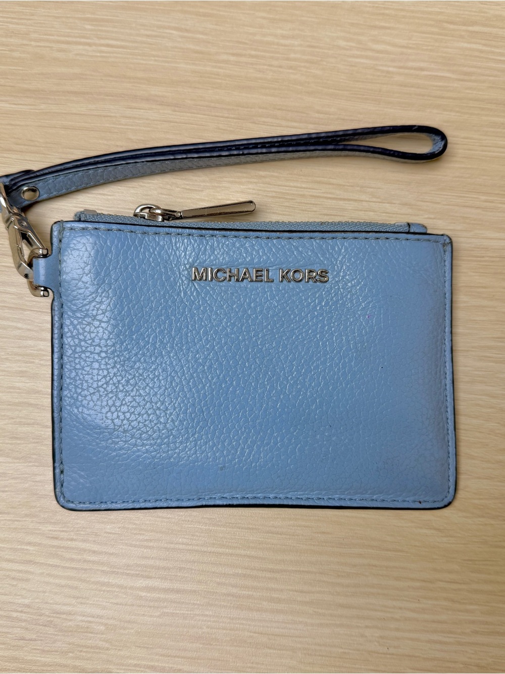 Michael Kors Blue Pebbled Leather Wristlet Card Case with Gold Hardware